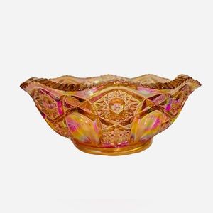 Vintage Smith Glass Co. Carnival Glass Bowl Iridescent Pink Geometric Pattern